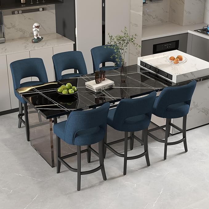 VKNOW Bar Stools Set of 6, Modern Counter Height Bar Stools, 26" Upholstered Counter Stools with Black Wood Legs for Kitchen Island Dining Room Bar, Blue-Black Legs