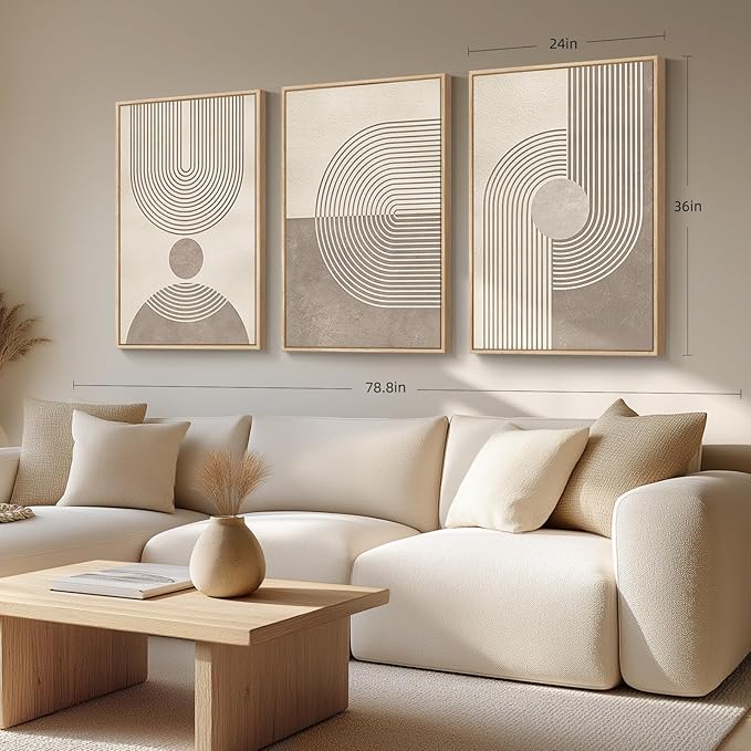 Framed Boho Neutral Abstract Wall Art for Living Room, Large 3 Piece Mid Century Modern Painting Prints, Minimalist Geometric Canvas Artworks for Dining Room Hallway Office Wall Decor, 24x36 In