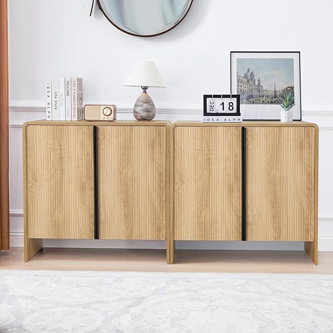 Bifins 31.5” Fluted Sideboard Buffet Cabinet with Storage,Mid Century Modern Small Wood Storage Cabinet with Arched Profile for Dining Room Kitchen Living Room (Oak 2pcs)