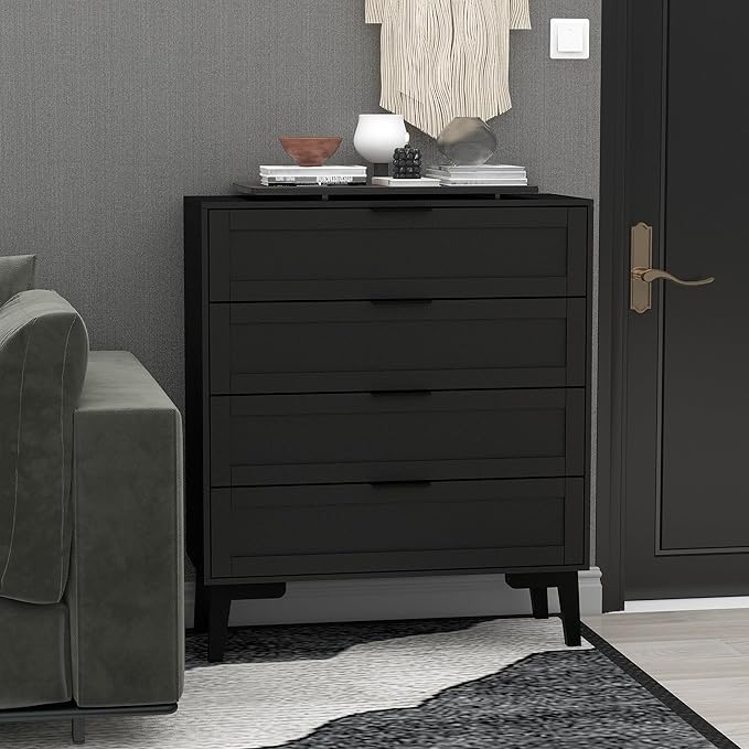 TaoHFE Black 4 Drawer Dresser for Bedroom,Wood Lingerie Chest of Drawers for Bedroom,Modern 36inch Tall Black Dresser for Bedrooms Living Room, Entryway, Cloakroom