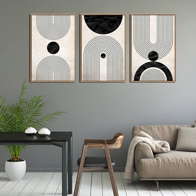 Framed Wall Art Canvas Set Mid Century Boho Pictures Modern Abstract Geometric Wall Decor Minimalist Black Beige Bohemian Canvas Painting Artwork for Living Room Bedroom Office 16"x24"x3 Natural