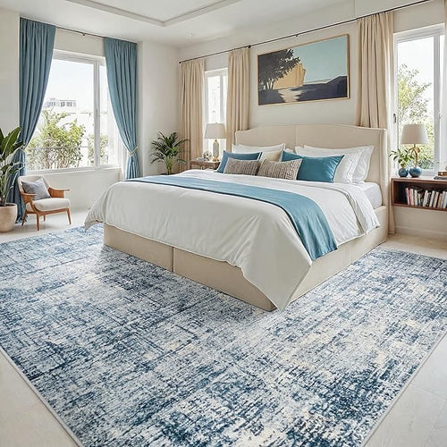 8x10 Area Rugs for Living Room Washable Rug: Anti-Skid Abstract Modern Living Room Rug Soft Thin Carpets Indoor Floor Non-Shedding Carpet for Bedroom Dining Farmhouse Nursery Home Office Blue Gold