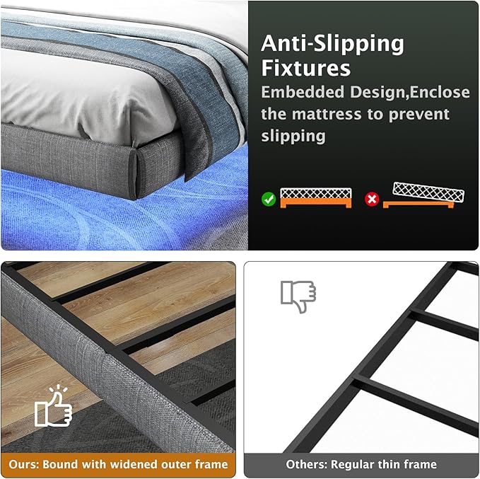 Floating Bed Frame King with LED Lights, Metal Platform King size Floating Bed Frame with Under Bed Storage, Heavy Duty Steel Slats Support, No Box Spring Needed, Noise Free, Easy Assembly, Grey