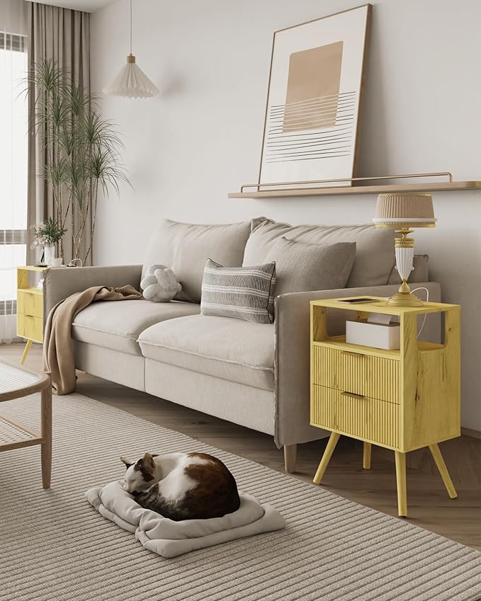 JOONEE Nightstand with Charging Station and LED Lights,Modern Bedside Table with 2 Storage Drawer and Open Wood Shelf, for Bedroom and Small Spaces,Night Stand with Solid Wood Legs (Yellow Oak)