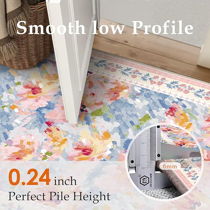2x6 Washable Runner Rug Pink Blue Floral Abstract Hallway Kitchen Throw Rug Modern Non Slip Soft Low Pile Carpet for Bathroom Laundry Bedroom Living Room