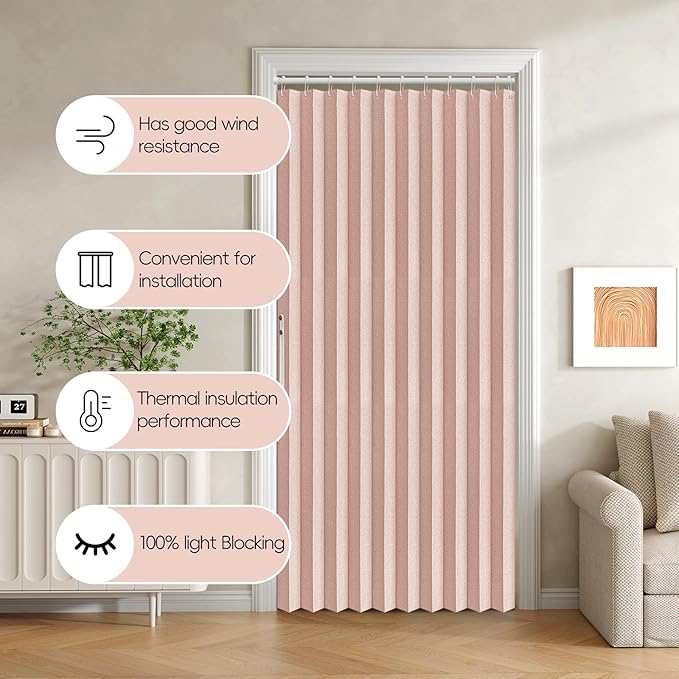 Jilron Accordian Door Curtain, 100% Blackout Folding Magnetic Doorway Curtains,Linen Style Closet Doors,for Room Divider,Privacy Protection（W52 x L78,Pink,1 Panel）