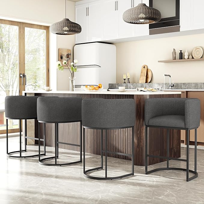 26" H Counter Height Bar Stools Set of 4, Modern Barrel Counter Stools with Backrest and Arms, Linen Fabric Upholstered Accent Barstools for Kitchen Island,Support 450 LBS (Carbon Black)