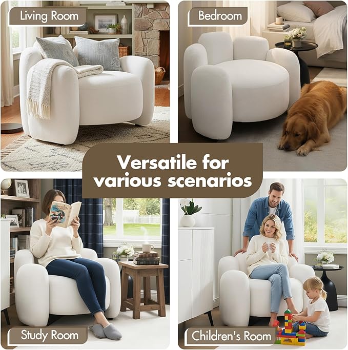 Hyfirm Mid-Century Modern White Accent Chairs, Set of 2 (Pair) Upholstered Barrel Side Chairs with Solid Wood Base, Scandinavian Comfortable Reading Seating for Living Room, Bedroom, Study, Apartment