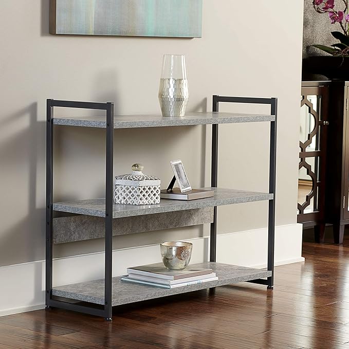 Household Essentials Jamestown Wide 3 Shelf Open Storage Bookshelf Rustic Slate Concrete and Black Metal