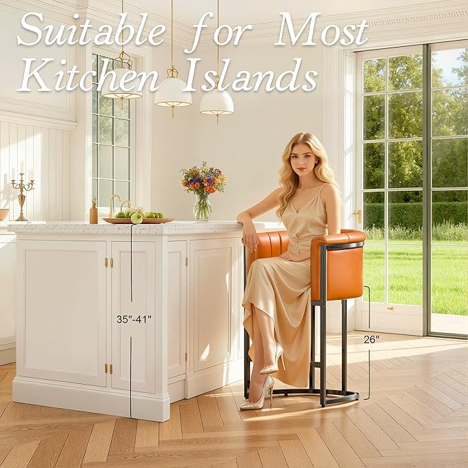 Modern Counter Height Bar Stools,Bar Stools Set of 2,PU Leather Upholstered Barrel Barstools with Backs and Arms,26" Kitchen Island Chairs,Metal Black Frames,Camel Brown Leather