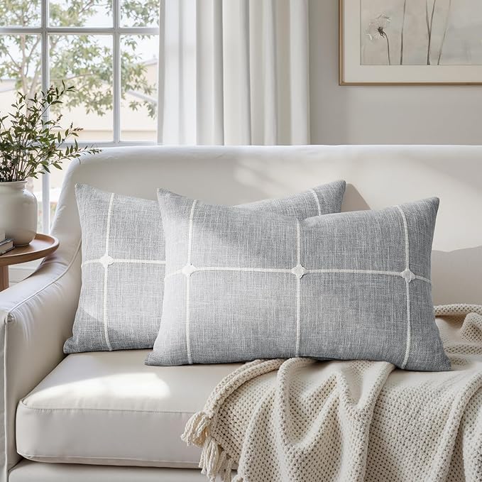 HOMEIDEAS Decorative Plaid Throw Pillow Covers 20x12 Set of 2, Grey Farmhouse Pillow Covers, Neutral Faux Linen Cushion Covers for Couch Sofa Bed Home Decor