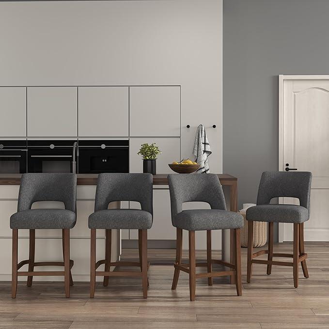 VKNOW Bar Stools Set of 4, 26" Upholstered Counter Height Bar Stools, Modern Counter Stools with Wood Legs for Kitchen Island Dining Room Bar, Charcoal