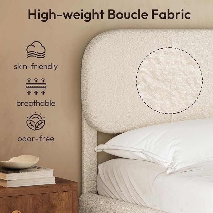 Full Size Bed Frame with Storage, Boucle Cloud Bed with 4 Locking Drawers & LED Lights, Modern Upholstered Platform Bed, Plush Sides & Footboard, Adjustable Headboard, No Box Spring, Beige
