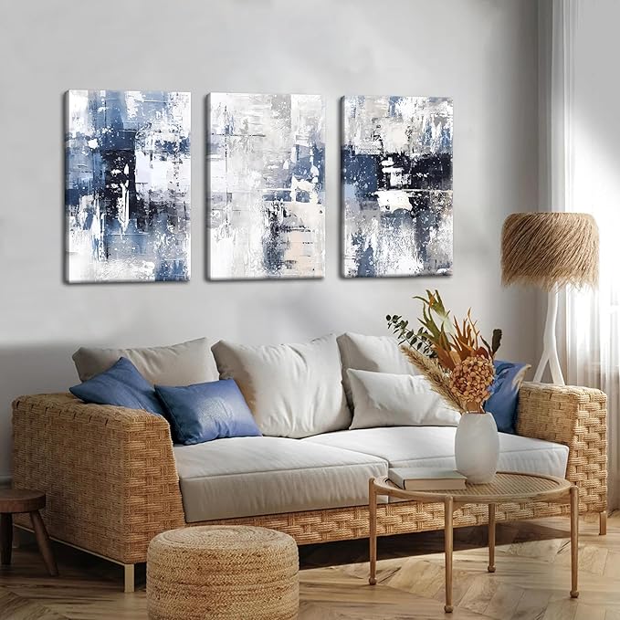 Abstract Blue and White Wall Art Set of 3, Modern Simple Navy Framed Canvas Prints Poster, Gray Painting Picture for Living Room, Bedroom, Office Wall Decor 12x16 Inch