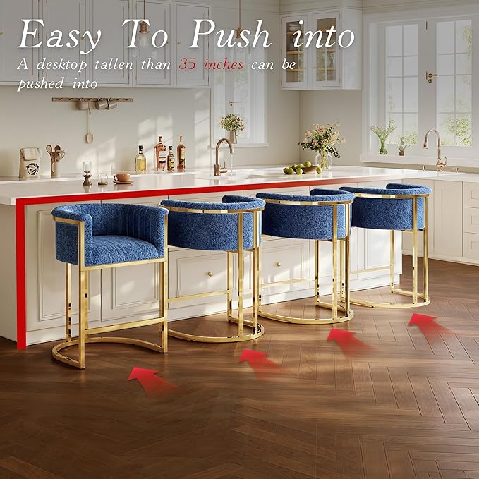 26" Modern Counter Height Bar Stools,Accent Barstools with Arms,Kitchen Island Chairs,PU Leather Upholstered Barrel Bar stools with Backs,Mirror Champagne Gold Base/Blue Linen