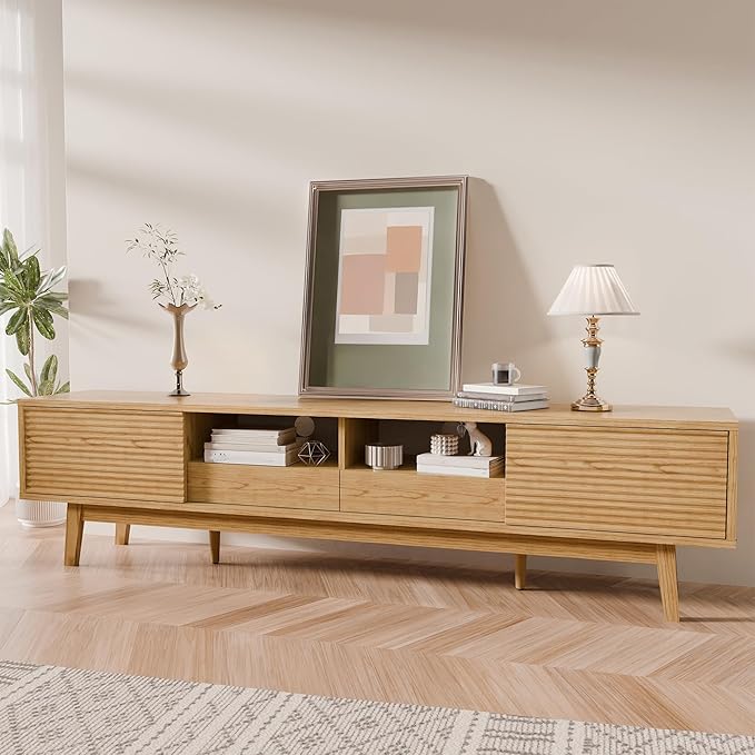 TOLEAD 70" Mid Century Modern TV Stand for TVs up to 75 Inch, Low Profile Entertainment Center with Fluted Sliding Doors & Storage Drawers, Wood TV Console Table for Living Room, Oak