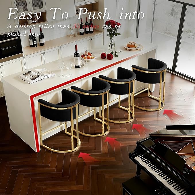 Modern Counter Height Bar Stools,Bar Stools Set of 2,PU Leather Upholstered Barrel Barstools with Backs and Arms,26'' Kitchen Island Chairs,Mirror Champagne Gold Base,Ink Black Leather