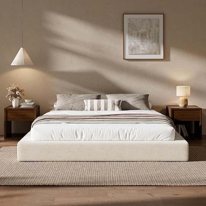 RECCI AirFrame King Size Bed Frame, Cloud Upholstered Platform Bed Frame, 5 Inch Fully Boxy Foam Cushioned, Square Shape Base, No Box Spring Needed, Easy Assembly | Beige Chenille, Soft Low-Profile