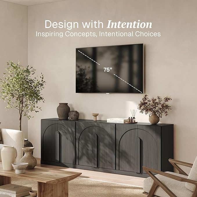 BELLEZE Bijou Modular Media Console Wall Unit (94.5" Wide)-Extra Long Entertainment Center & Storage System-Arched Door Sideboard for Living Room & Office-Hides All Clutter, Ebony