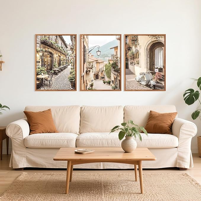 HPINUB Foreign Scenery Framed Canvas Wall Art Set, (Set of 3,12X16 Inch) Vintage Travel City Wall Decor,Modern Minimalist Europe Street Picture Nature Landscape Art Print for Living Room,Bedroom