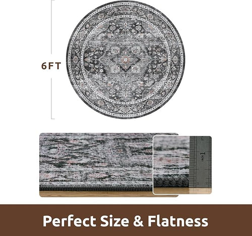 AMOAMI-6FT Round Rug-Rugs for Living Room-Vintage Soft Black Rugs for Bedroom-Non Slip Circle Rug-Machine Washable Rug for Dining Room Living Room Bedroom Office Under Table Dark Grey & Black