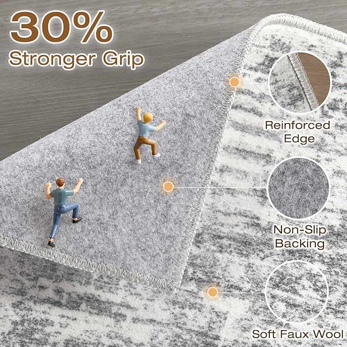 Runner Rug Non-Slip Kitchen Rug: 2x6 Washable Abstract Modern Soft Stain Resistant Indoor Floor Neutral Accent Throw Carpet for Hallway Bathroom Laundry Room Bedroom Entryway- Grey