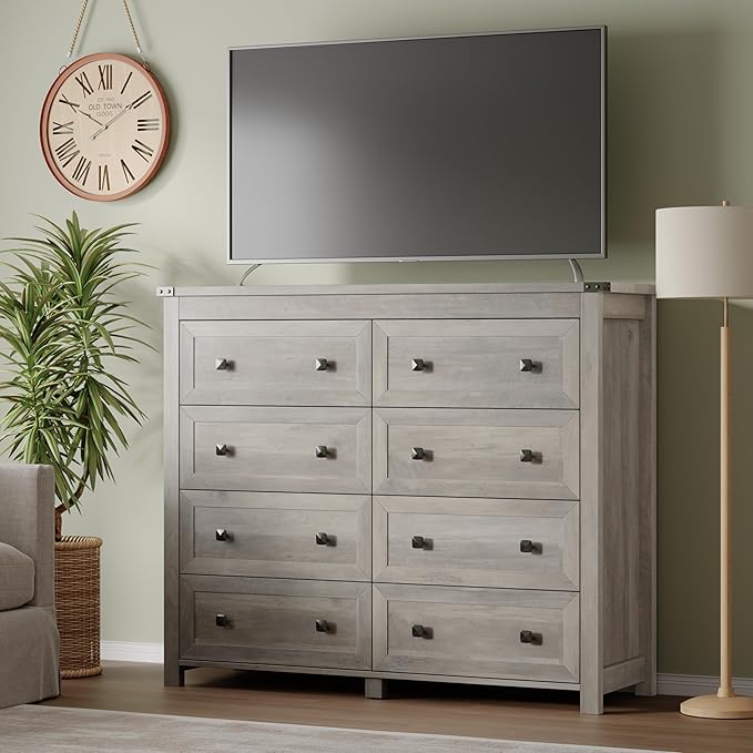 BORNOON Tall 8-Drawer Dresser, Modern Wooden Storage Chest of Drawers, Dresser TV Stand, Wood Drawer Organizer with Metal Handles for Bedroom, Living Room, Hallway