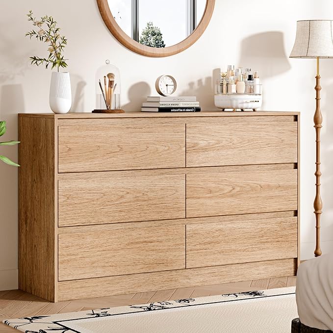 Chrangmay 6 Drawer Dresser,47" Wide Mid Century Chest of Drawers,Wooden Bedroom Drawer Dresser with 6 Storage Drawers for Bedroom,Living Room,with Anti-Tipping Device,Natural