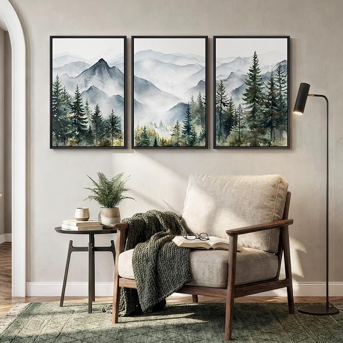 Framed Mountain Landscape Wall Art for Living Room, 3 Piece Nature Foggy Forest Canvas Artwork for Walls, Scenic Pine Tree Paintings Print Wall Decor for Bedroom Hallway Office Dining Room, 16x24 Inch