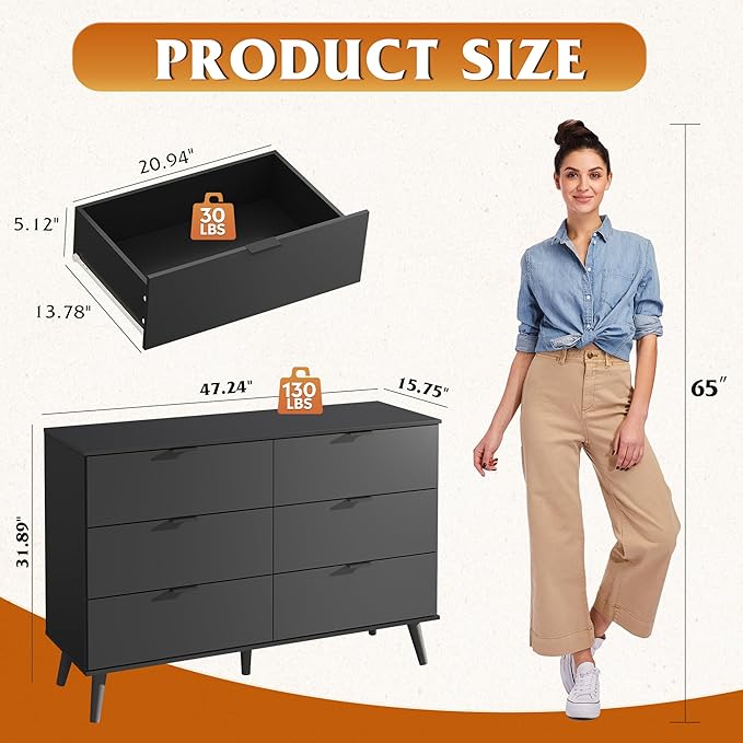 WLIVE Black Dresser for Bedroom, 47'' Wide 6 Drawer Wooden Chest of Drawers, Modern Dresser Storage Organizer, TV Stand for 55 inch TV, for Living Room, Hallway, Closet