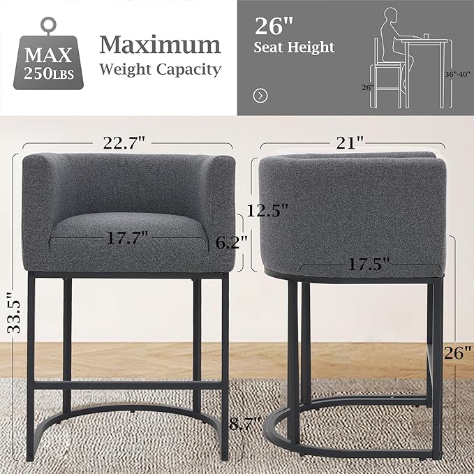 ClinQ 26" H Counter Height Bar Stools Set of 2, Modern Barrel Counter Stools with Backrest and Arms, Black Metal Frames, Linen Fabric Upholstered Accent Barstools for Kitchen Island, Carbon Gray