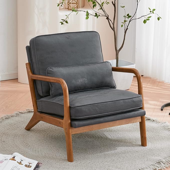 Bonnlo Microfiber Dark Grey Accent Chairs Set of 2, Upholstered Mid Century Modern Lounge Chairs Reading Chairs Side Sitting Chair Solid Wood Farmhouse Armchairs for Living Room, Bedroom, Guest Room