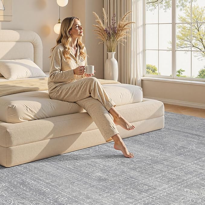 6x9 Area Rugs Living Room: Washable Large Vintage Grey Rug Neutral Non-Slip Soft Stain Resistant Indoor Carpet for Bedroom Nursery Dining Room Under Table Bed Home House Office Playroom