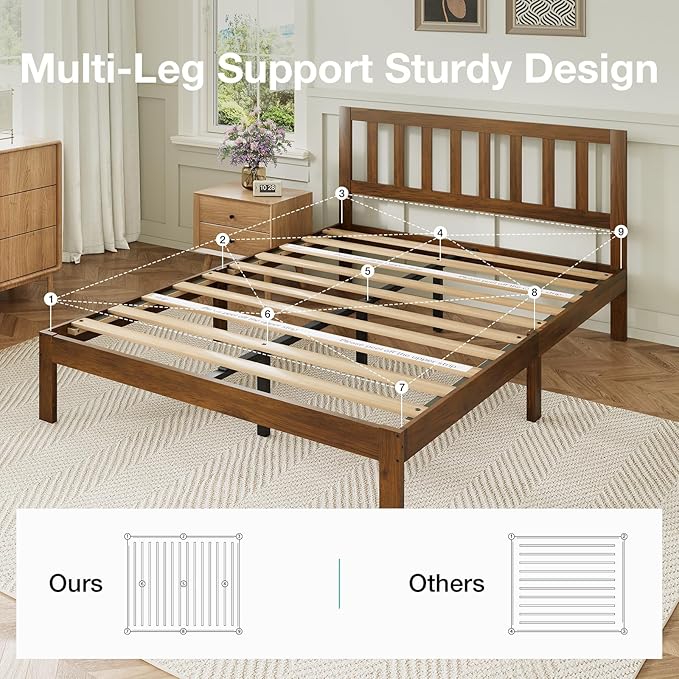 Novilla 12 Inch Queen Bed Frame with Headboard, Queen Size BedFrame with Headboard Classic Wooden Bed Frame Queen Size with Wood Slat Support, No Box Spring Needed, Easy Assembly, Walnut