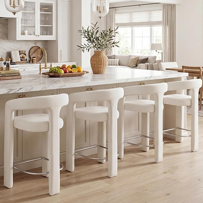 HNY 26 Inch Velvet Modern Tall Barrel Bar Stools Set of 4, Upholstered Barstools with Open Backs, Counter Height Bar Stools Chairs with Armrest for Kitchen Island, White