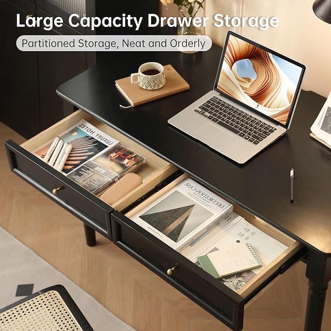 Solid Wood Computer Desk with Double Drawers, Black Vintage Rubber Wood Writing Desk for Home Office 47.2"