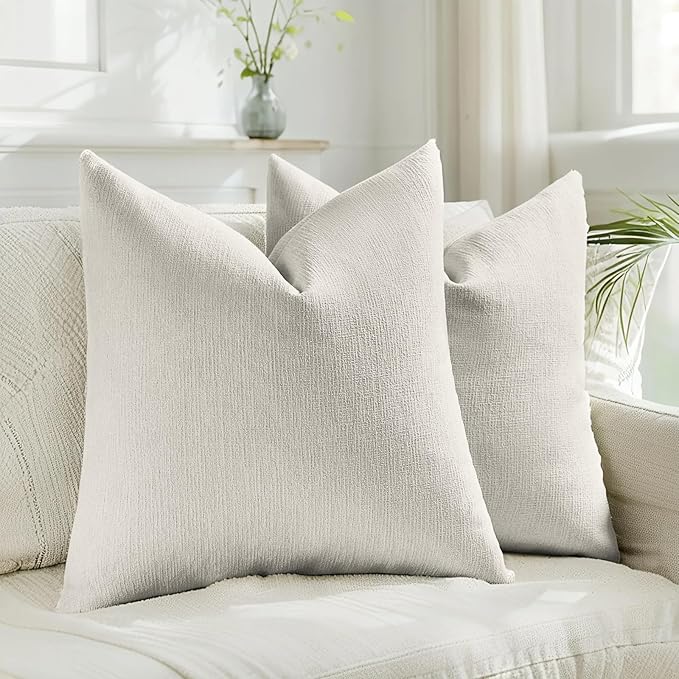 HAUSSY Natural White Wood Throw Pillow Covers 16x16 Inch Set of 2,Boho Decorative Faux Linen Throw Pillows Cozy Farmhouse Accent Cushion Covers,Home Decor for Couch Sofa Bed Living Room