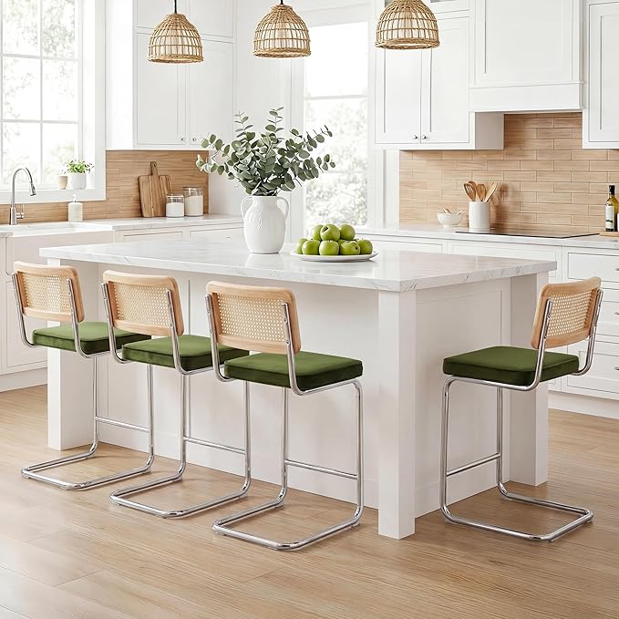 Zesthouse Natural Rattan Bar Stools Set of 2, 26'' Modern Boho Counter Height Barstools with Solid Wood Back, Mid Century Counter Stools with Velvet Cushion, Cane Back Island Chairs for Kitchen, Green