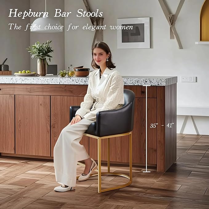 26" Modern Counter Height Bar Stools,Barstools with Arms,Kitchen Island Chairs,PU Leather Upholstered Barrel Bar stools with Backs,Metal Gold Frames,Ink Black Leather