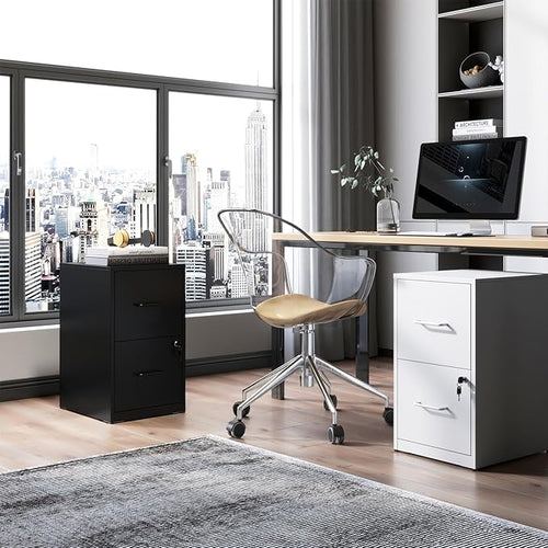 2 Drawer File Cabinet, Metal Vertical Filing Cabinet Under Desk Storage, Small Locking File Cabinets for Home Office, Easy Assemble(Black)
