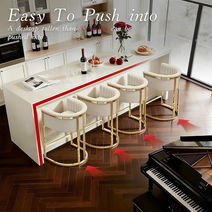 Modern Counter Height Bar Stools,Bar Stools Set of 1,Fabric Upholstered Barrel Barstools with Backs and Arms,26'' Kitchen Island Chairs,Mirror Champagne Gold Base/Beige White Linen