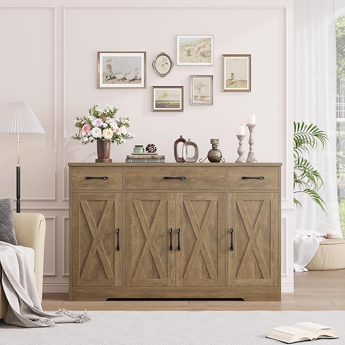 HOSTACK Buffet Sideboard Cabinet with Drawers, 55" Large Buffet Storage Cabinet with Shelves and Doors, Modern Farmhouse Coffee Bar Station Wood Kitchen Table for Kitchen, Dining Room, Rustic Brown