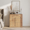 BELLEZE Sideboard Cabinet with 3 Drawers, Modern Wood Buffet Cabinet with Arc Design, Large Fluted Sideboard with Storage for Dining Room Living Room Entryway, Camel