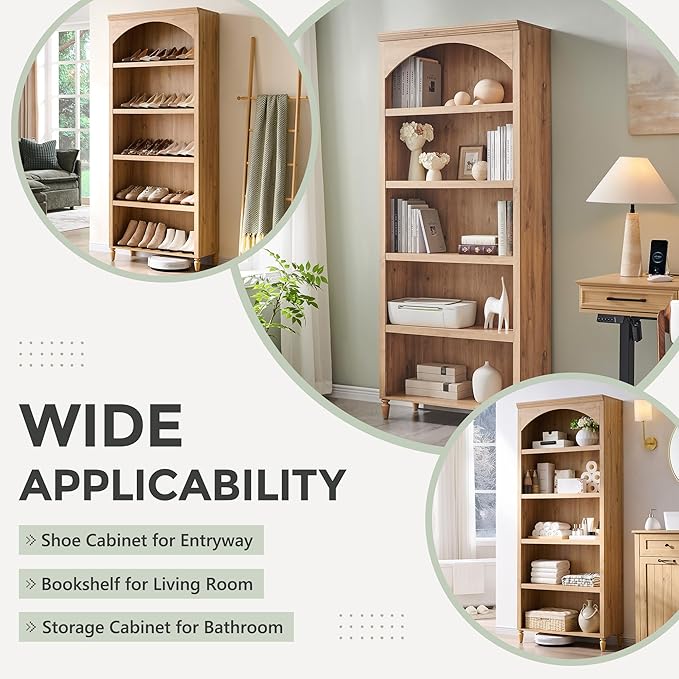 IFGET 76" Tall Arched Bookcase, Farmhouse 5 Tiers Large Arched Bookshelf Cabinet with Adjustable Shelves, Modern Wooden Book Shelf w/Storage and Open Display Shelves for Living Room, Office-Natural