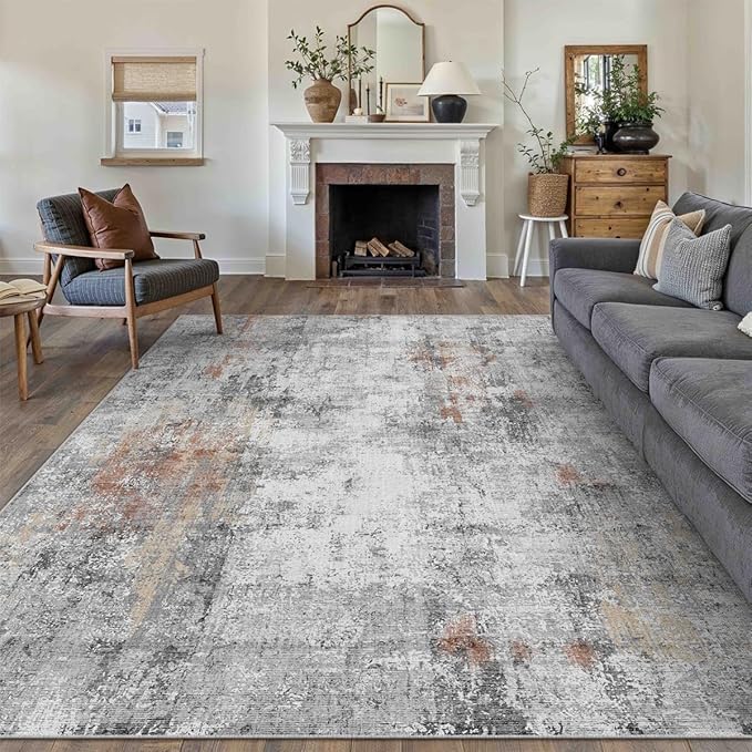 10x12 Washable Area Rug Rust Grey Abstract Non Slip Soft Low Pile Rug for Living Room Bedroom Dining Room Office Neutral Modern Indoor Large Throw Carpet for Home Decor