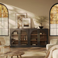BELLEZE Set of 2 Modular Sideboard with Arched Glass Door, Accent Display Buffet Cabinet with Storage and Adjustable Shelves, 65'' Classic Modern Credenza for Dining Room Living Room Entryway (Ebony)