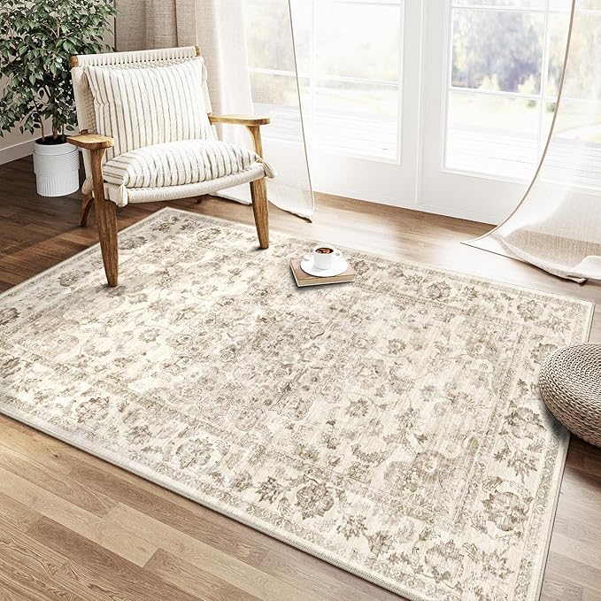 3x4 Washable Neutral Area Rug Beige Vintage Entryway Office Carpet Non-Slip Soft Low Pile Farmhouse Throw Rug for Entrance Living Room Bathroom Dining Room