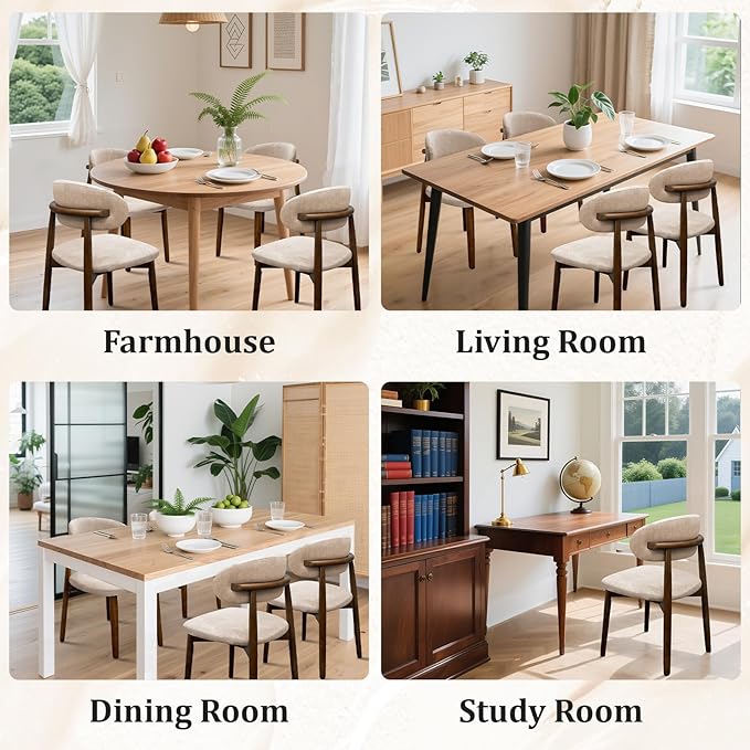 Farmhouse Dining Chairs Set of 2, Mid Century Modern Fabric Upholstered Kitchen Chairs, Wooden Dining Room Chair with Curved Back for Kitchen Dining Room Restaurant Cafe, Light Camel(Only Chairs)