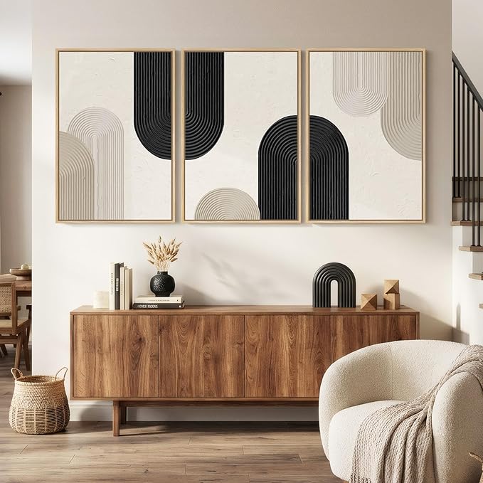 Large Framed Boho Neutral Abstract Wall Art for Living Room, 3 Piece Black and Beige Canvas Prints Artwork for Walls, Modern Minimalist Geometric Wall Decor for Bedroom Dining Room Hallway, 24x36 In