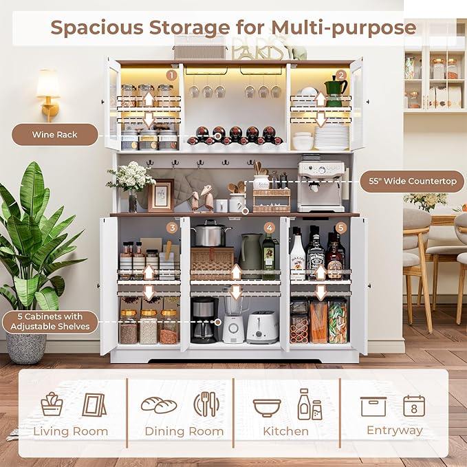 VVFLU 68" Tall Kitchen Pantry Storage Cabinet with Charging Station, 55" Wide Kitchen Hutch Cabinet with Large Countertop, Farmhouse Buffet Cabinet with Wine Holder & Wine Rack for Dining Room, White